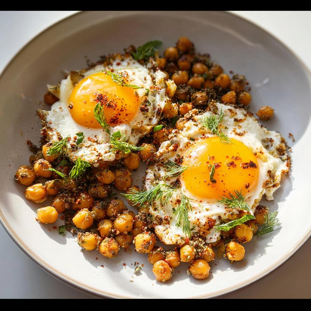 Two perfectly fried eggs served over seasoned chickpeas, garnished with fresh herbs. A delicious Chickpea Fried Eggs Recipe.