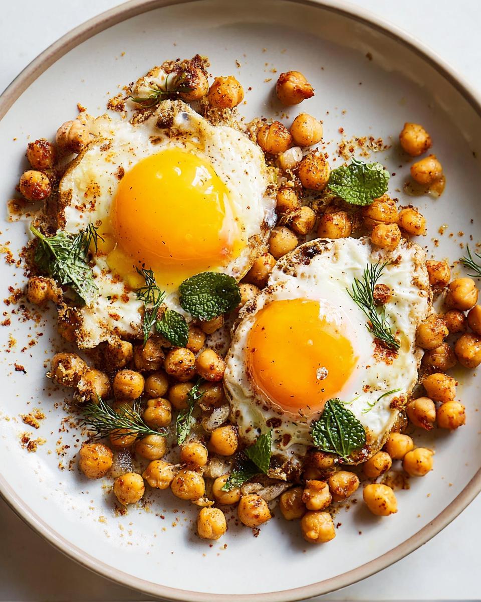 Two sunny-side-up eggs served with seasoned chickpeas and fresh mint and dill.