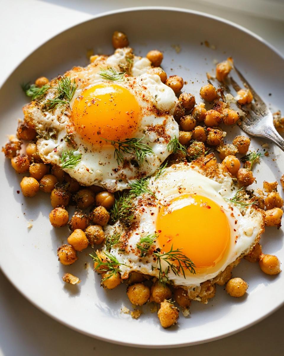 Two perfectly fried eggs served over seasoned chickpeas, garnished with fresh dill. A delicious Chickpea Fried Eggs Recipe.