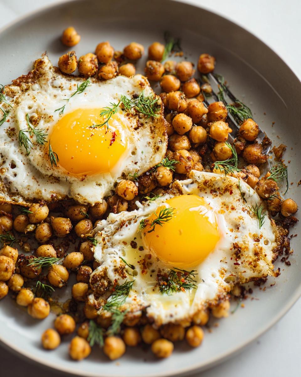 Close-up of a plate with two fried eggs served over seasoned chickpeas, garnished with fresh dill.
