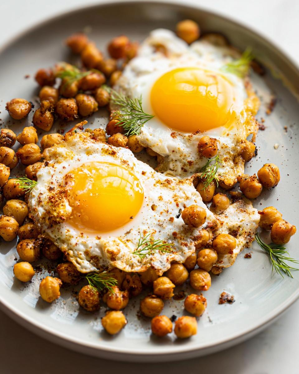 Two sunny-side-up eggs served with roasted chickpeas and dill, a perfect Chickpea Fried Eggs Recipe.