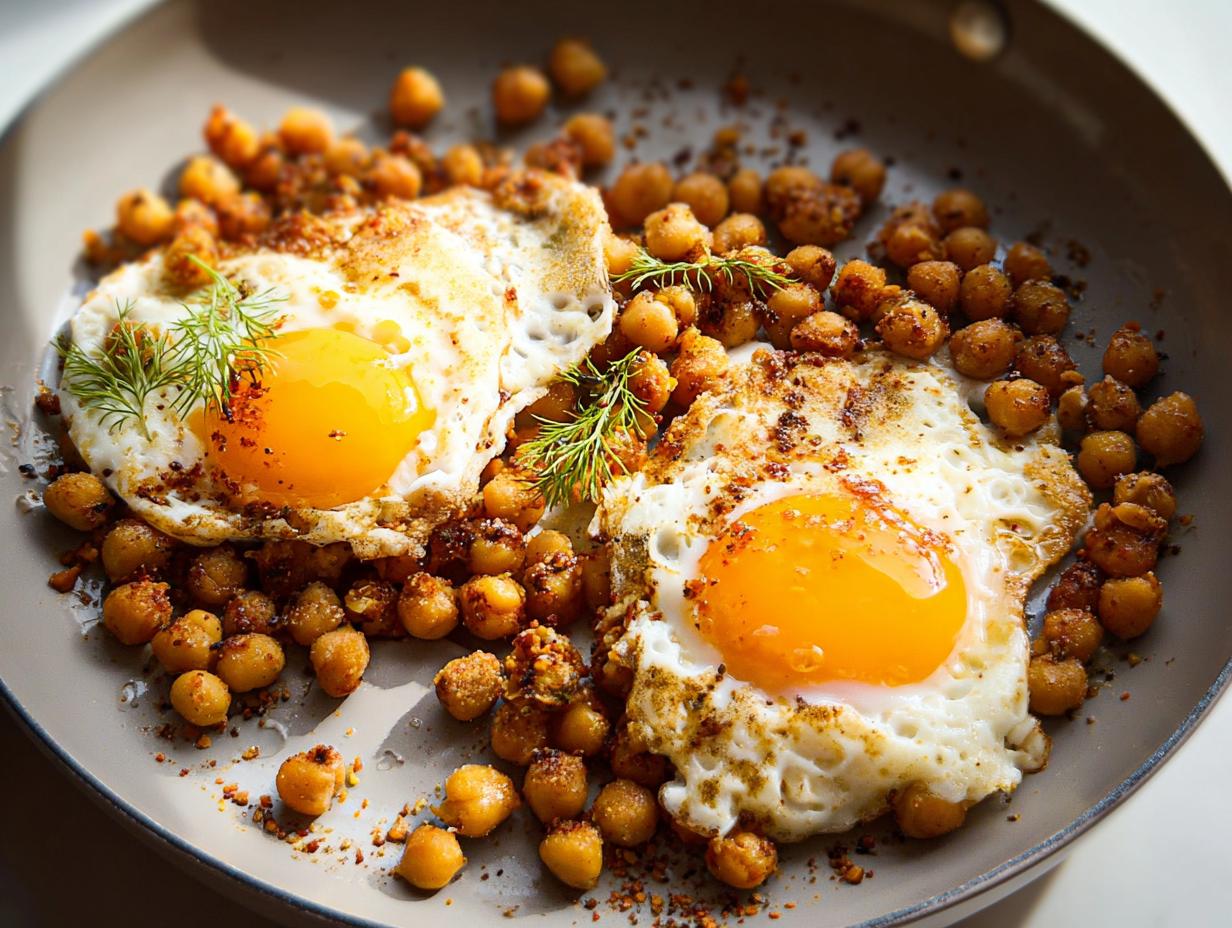 Two perfectly fried eggs nestled in a bed of seasoned chickpeas, garnished with fresh dill. A key element of the Chickpea Fried Eggs Recipe.