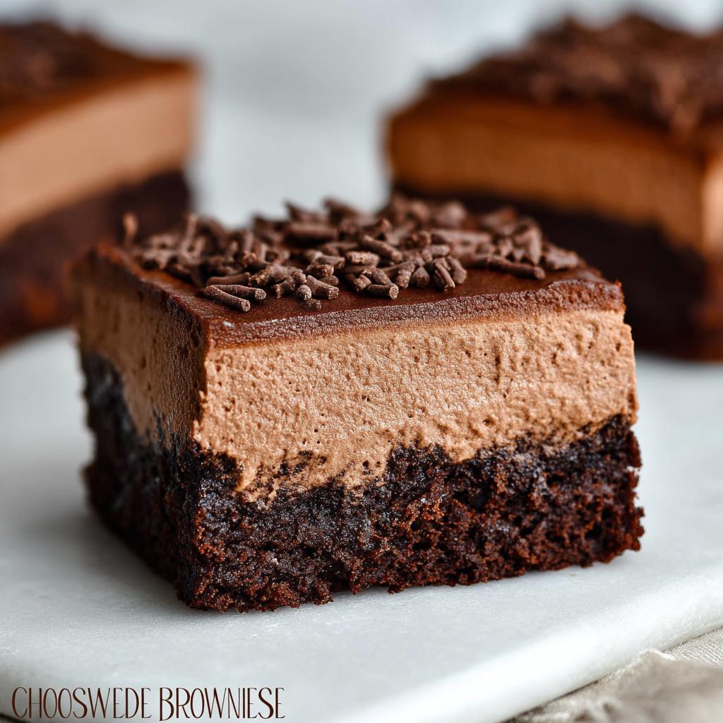 A close-up of a decadent Chocolate Mousse Brownie slice, topped with chocolate sprinkles.