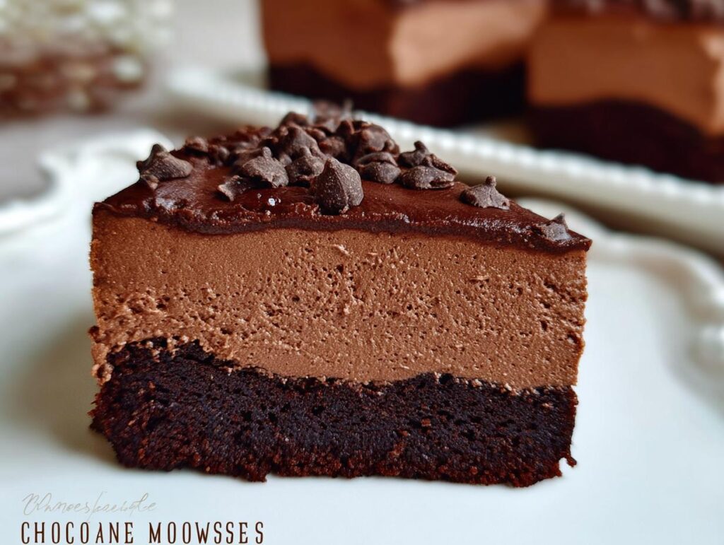 A rich slice of Chocolate Mousse Brownies with a dense brownie base and smooth chocolate mousse topping, sprinkled with chocolate chips.