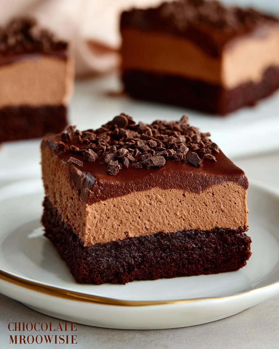 A rich slice of Chocolate Mousse Brownies with a dense brownie base and airy chocolate mousse topping, sprinkled with chocolate shavings.