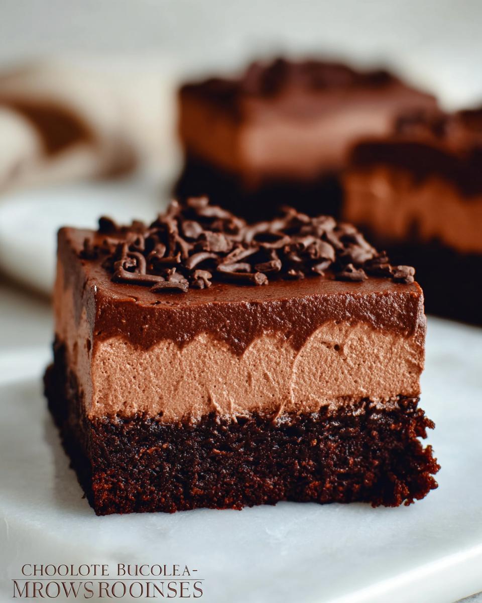 A rich slice of Chocolate Mousse Brownies with a dense brownie base and creamy chocolate mousse topping, garnished with chocolate shavings.