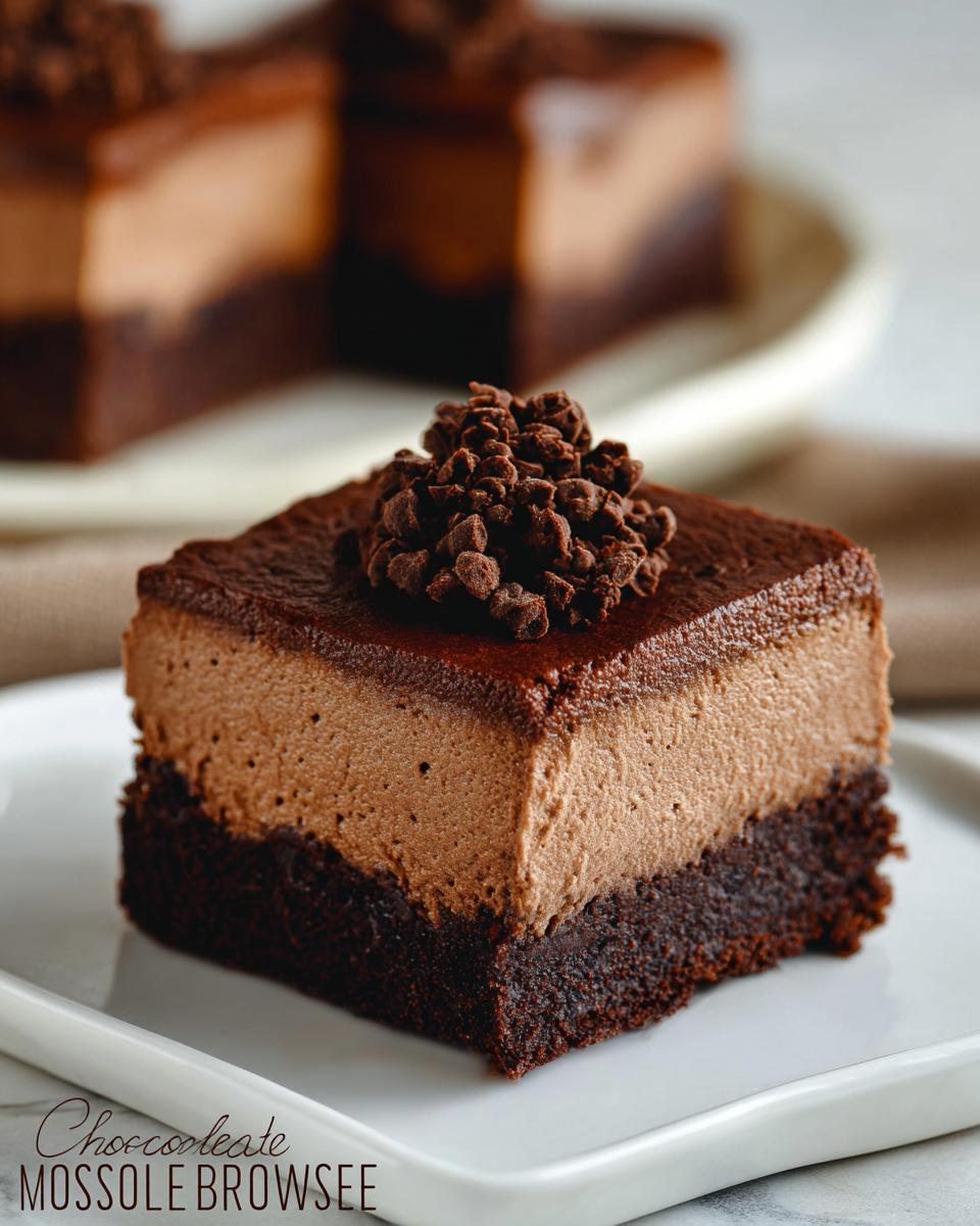 A rich slice of Chocolate Mousse Brownies, featuring a dense brownie base topped with smooth chocolate mousse and chocolate shavings.