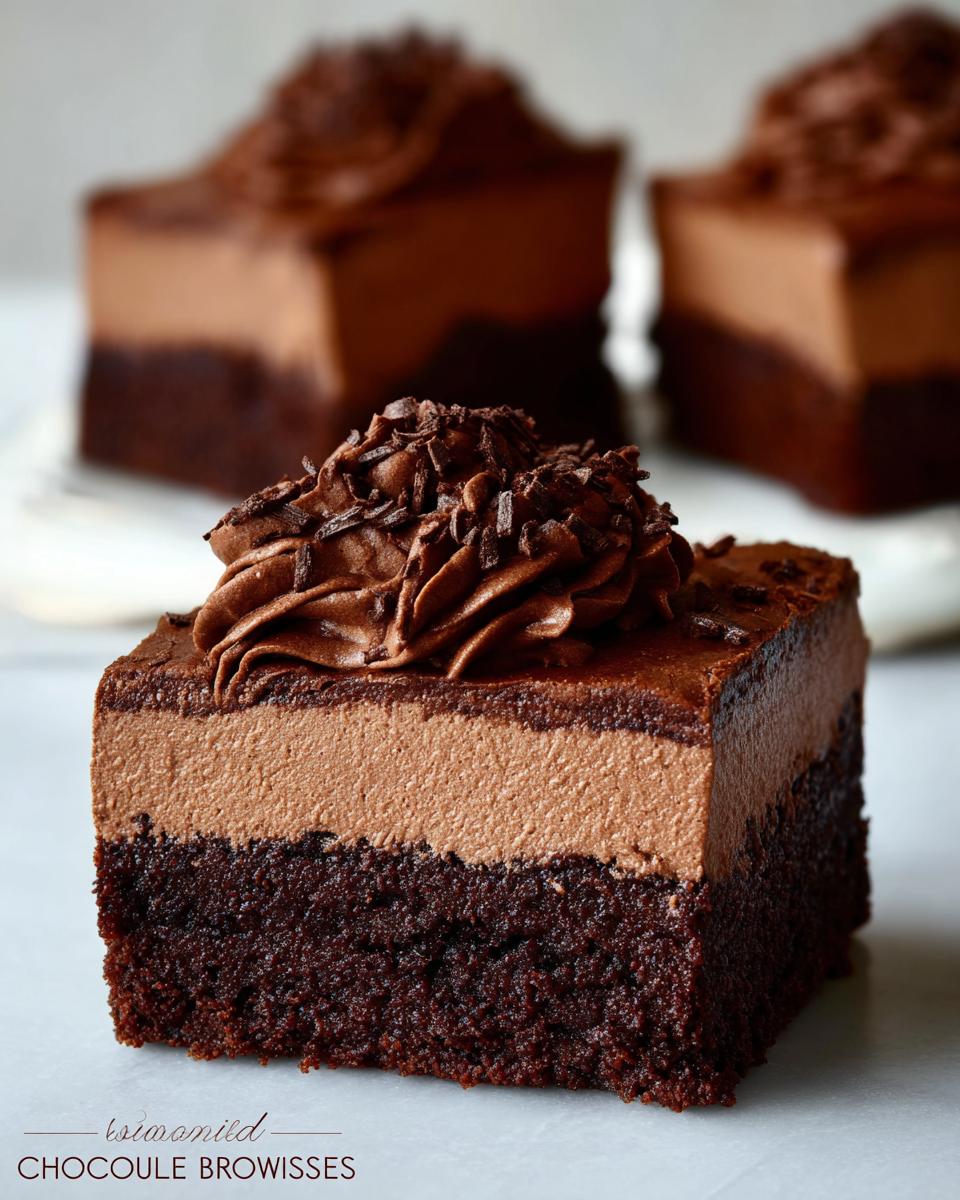 A close-up of a rich Chocolate Mousse Brownie slice topped with chocolate frosting and shavings.