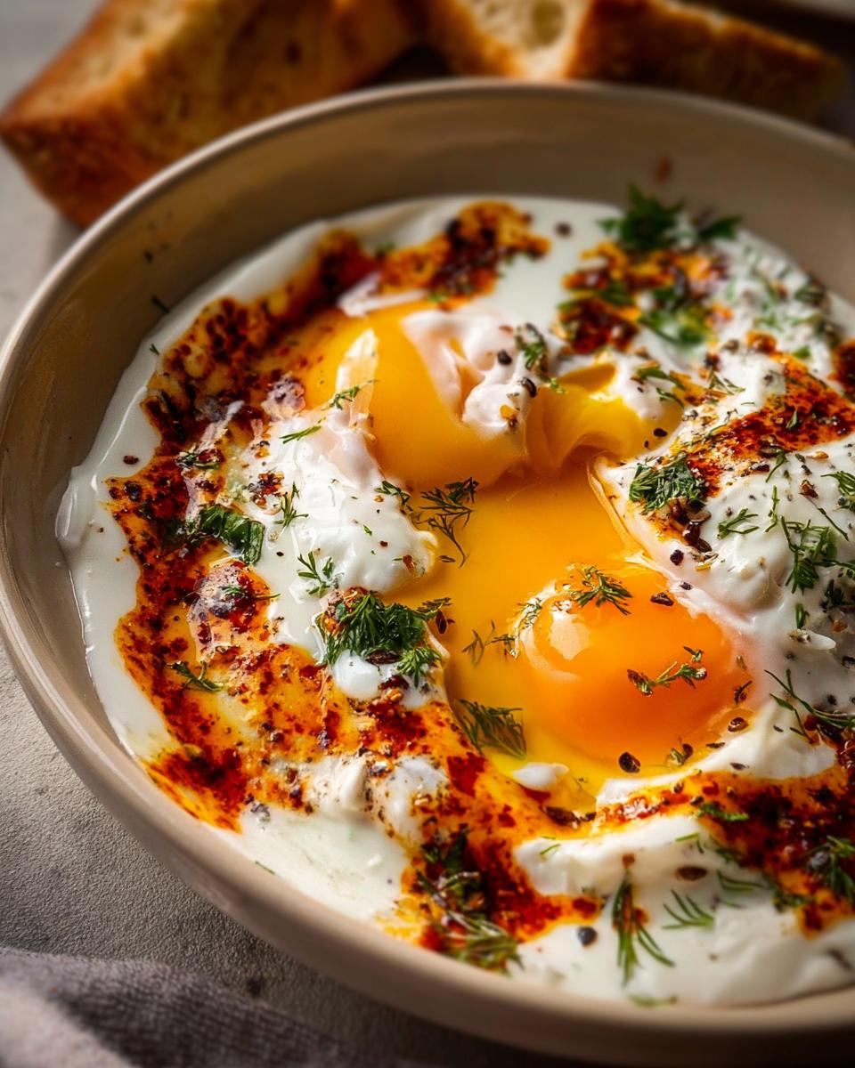 Close-up of Çılbır: Turkish Eggs with creamy yogurt, drizzled with chili butter sauce and fresh dill.