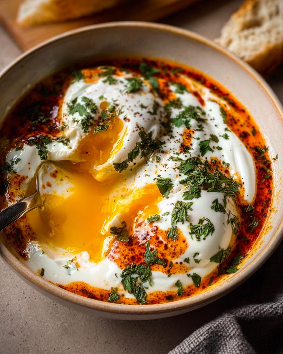 A close-up of Çılbır, Turkish eggs served with creamy yogurt and a vibrant paprika butter sauce, garnished with fresh parsley.