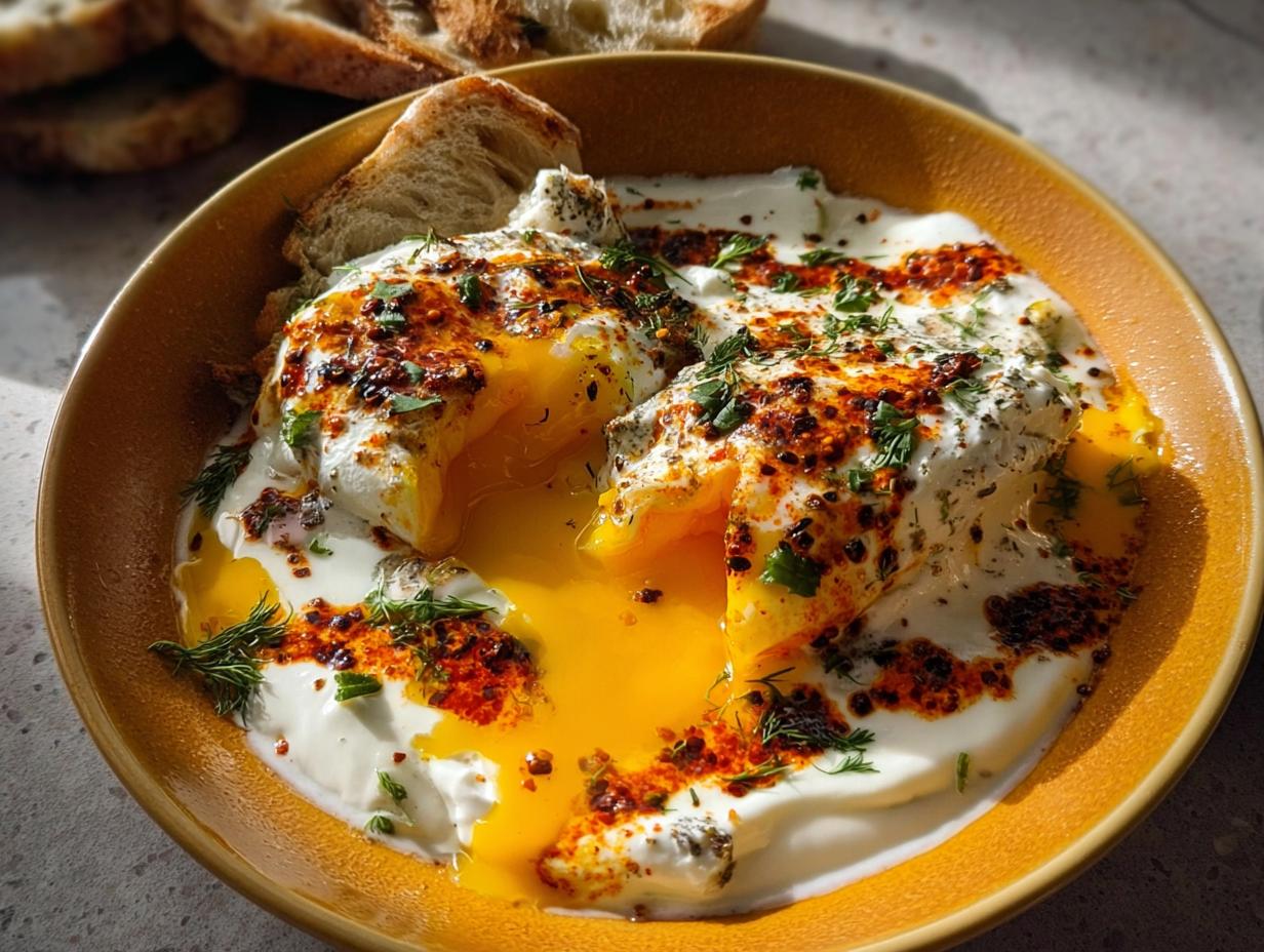 Close-up of Çılbır: Turkish Eggs with Creamy Yogurt & Butter Sauce, showing runny yolks and chili butter.
