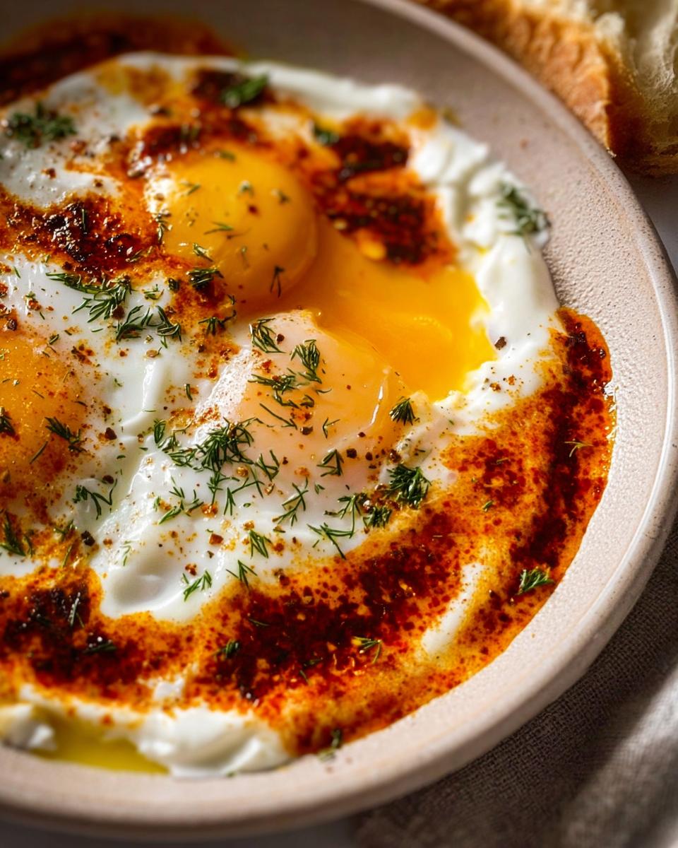 Close-up of Çılbır, Turkish eggs poached in creamy yogurt, topped with chili butter and fresh dill.