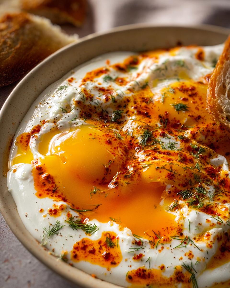 Close-up of Çılbır: Turkish eggs poached in creamy yogurt, drizzled with chili butter and dill.