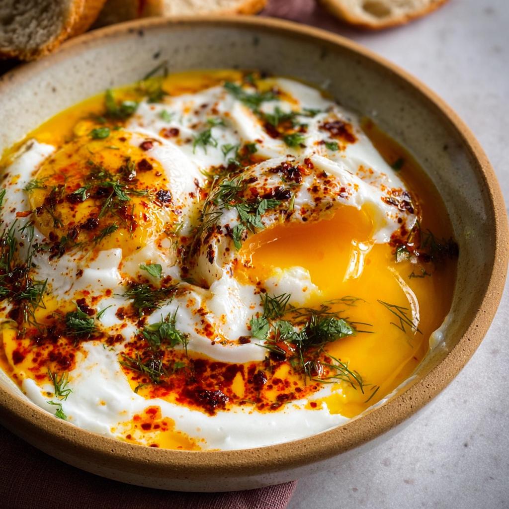 A close-up of Çılbır, Turkish eggs poached in creamy yogurt, drizzled with chili butter and fresh herbs.