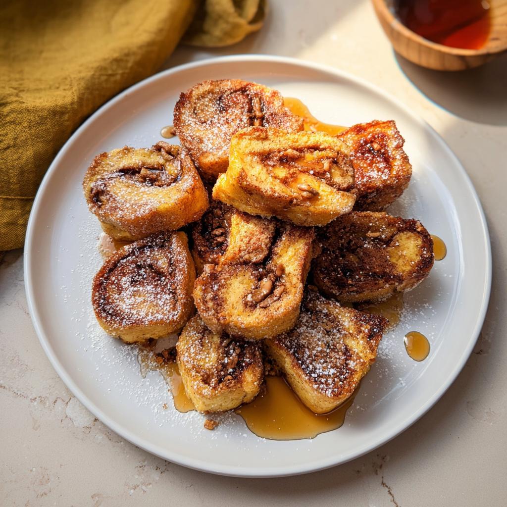A pile of Cinnamon Roll French Toast Bites dusted with powdered sugar and drizzled with syrup.