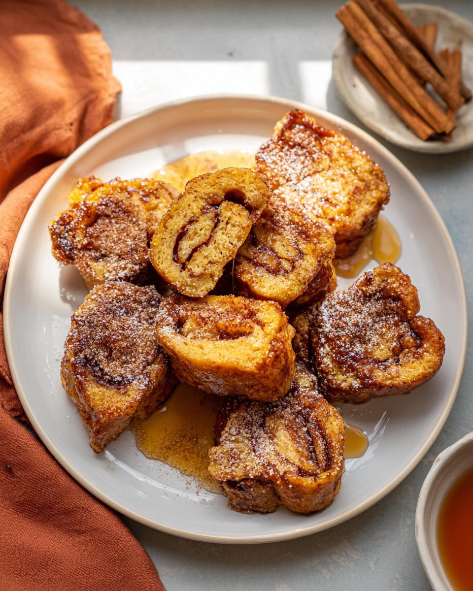 A plate of golden brown Cinnamon Roll French Toast Bites, dusted with powdered sugar and drizzled with syrup.