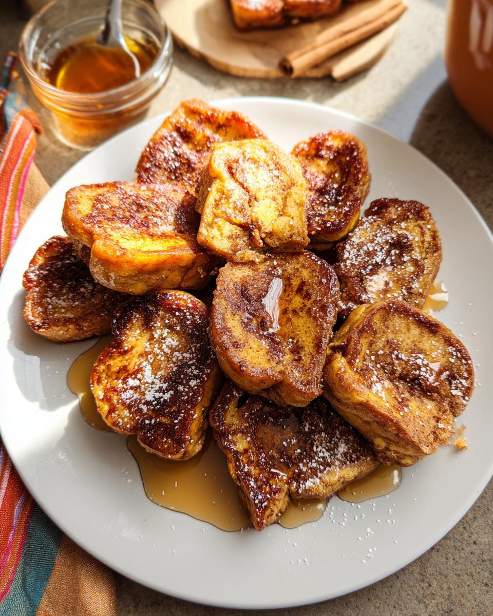 A plate piled high with golden brown Cinnamon Roll French Toast Bites, dusted with powdered sugar and drizzled with syrup.