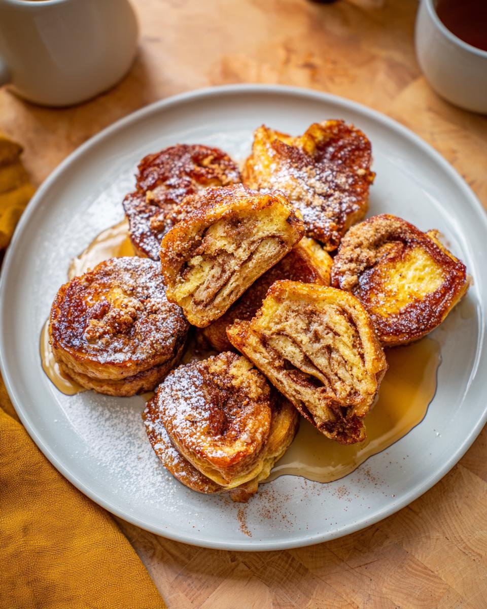A plate piled high with golden-brown Cinnamon Roll French Toast Bites, dusted with powdered sugar and drizzled with syrup.