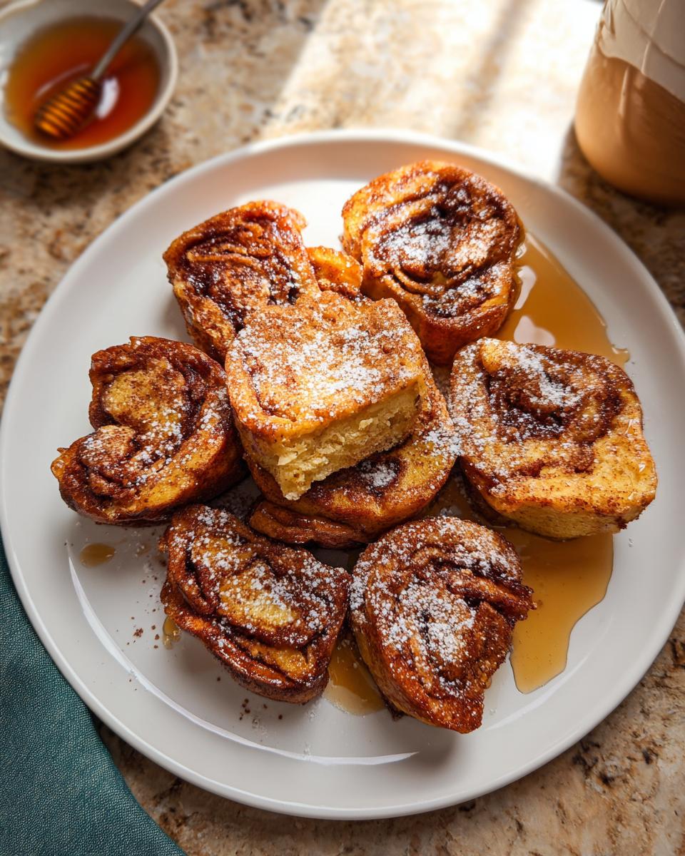 A close-up of Cinnamon Roll French Toast Bites dusted with powdered sugar and drizzled with syrup.