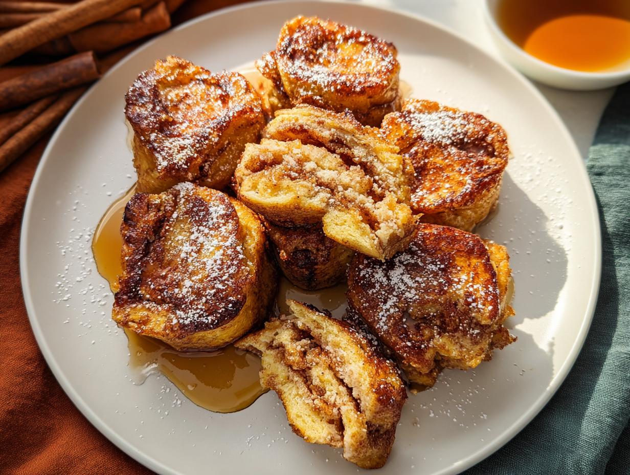 A plate of golden-brown Cinnamon Roll French Toast Bites, dusted with powdered sugar and drizzled with syrup.