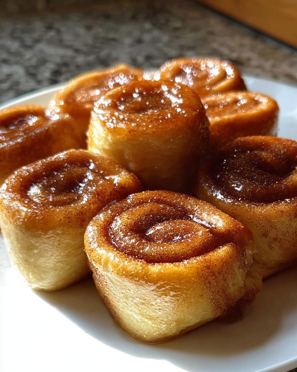 Close-up of delicious Cinnamon Roll French Toast Roll-Ups on a white plate, glistening with syrup.