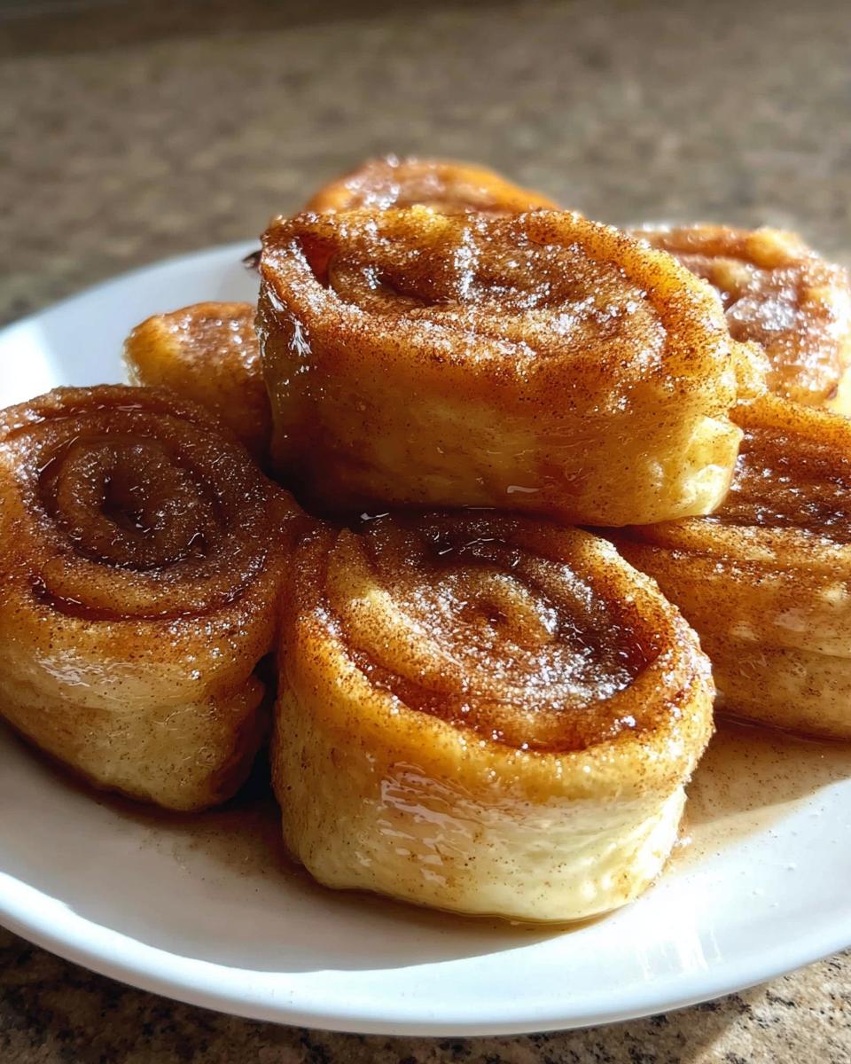 Close-up of a stack of golden-brown Cinnamon Roll French Toast Roll-Ups, glistening with syrup.