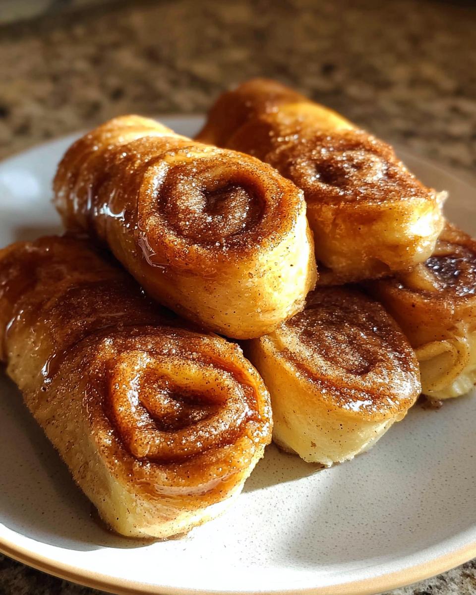 A close-up of a stack of golden-brown Cinnamon Roll French Toast Roll-Ups, glistening with syrup.