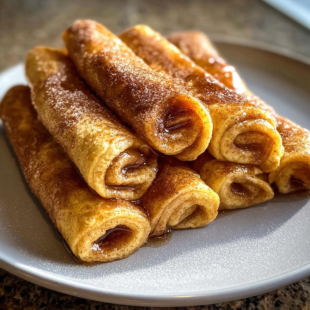 A close-up of a stack of Cinnamon Roll French Toast Roll-Ups, coated in cinnamon sugar and drizzled with syrup.