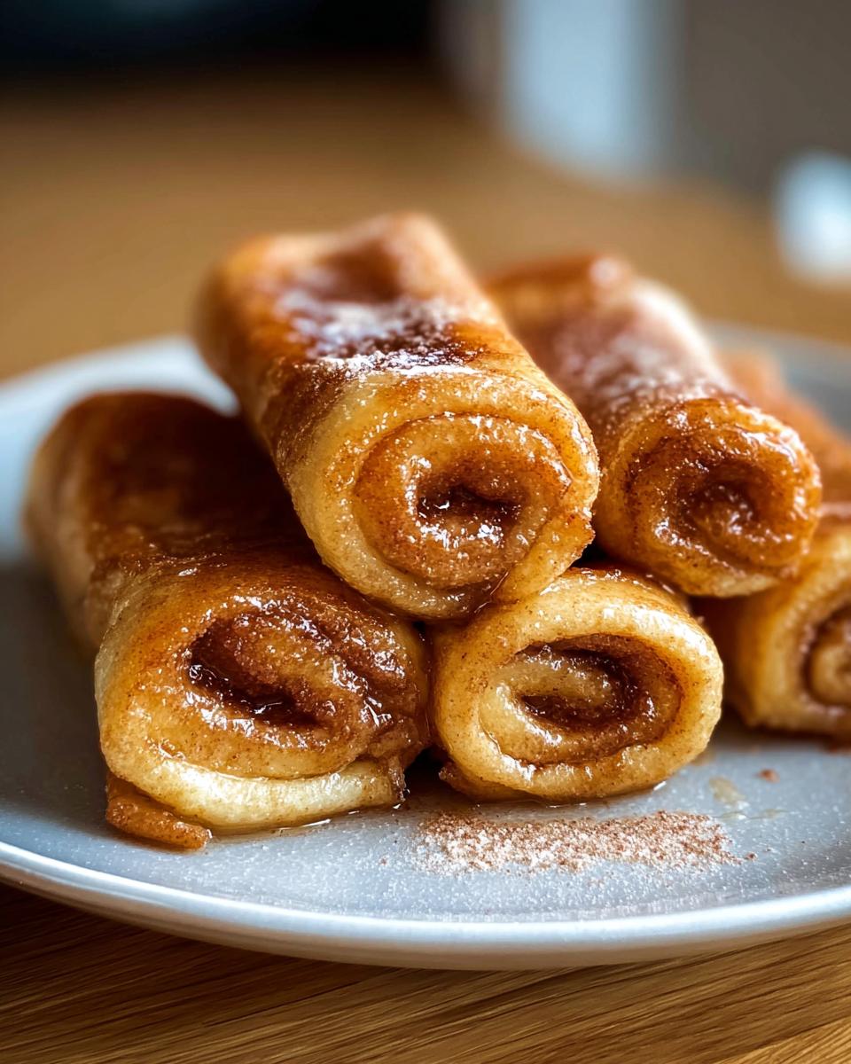 Close-up of delicious Cinnamon Roll French Toast Roll-Ups dusted with powdered sugar on a plate.
