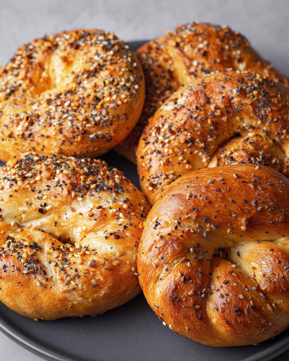 A close-up of several golden-brown cottage cheese flagels generously topped with everything bagel seasoning.