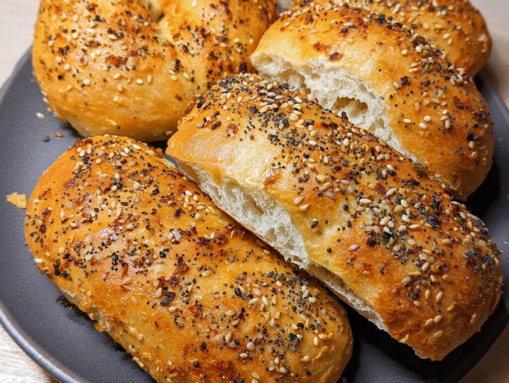 A close-up of golden-brown cottage cheese flagels topped with everything bagel seasoning, some sliced open.