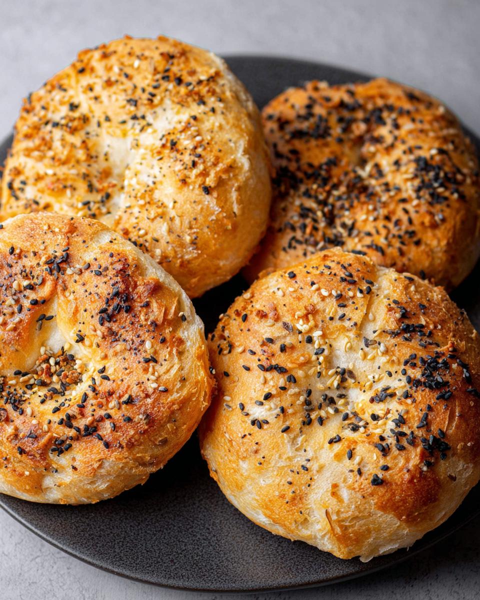 A close-up shot of four golden-brown cottage cheese flagels topped with everything bagel seasoning.