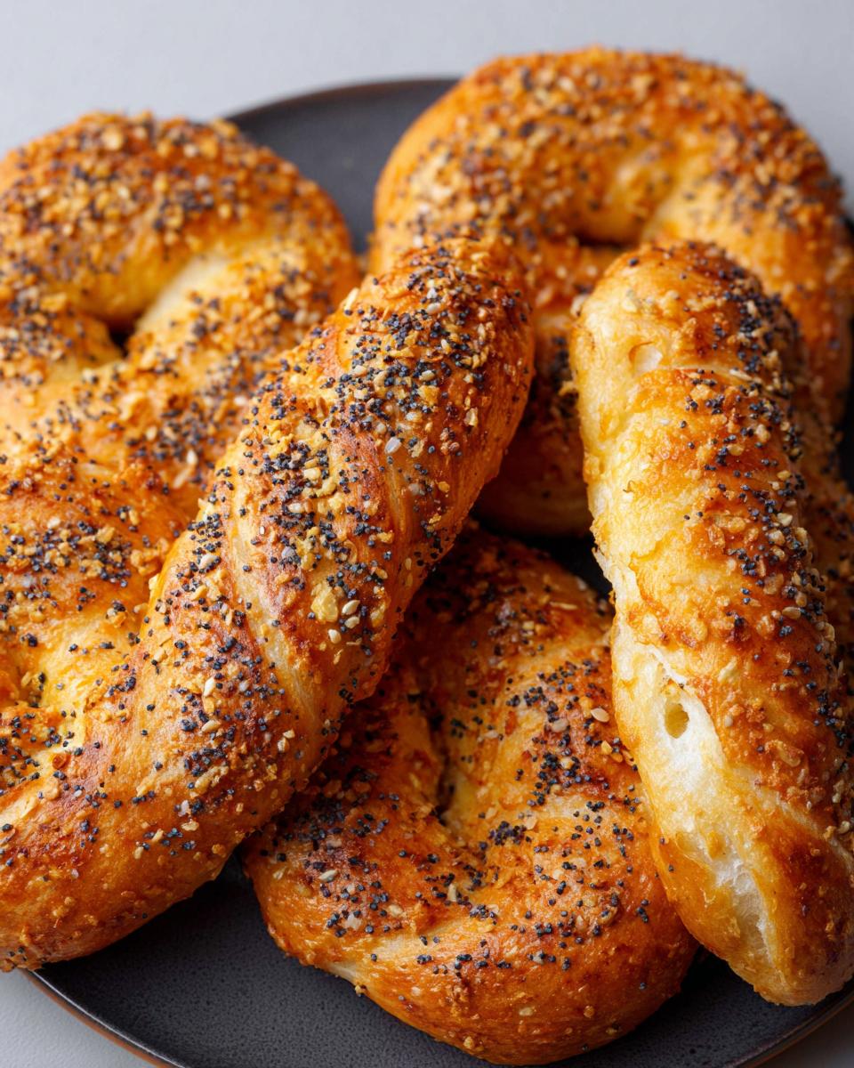 A close-up shot of several golden-brown cottage cheese flagels topped with everything bagel seasoning.