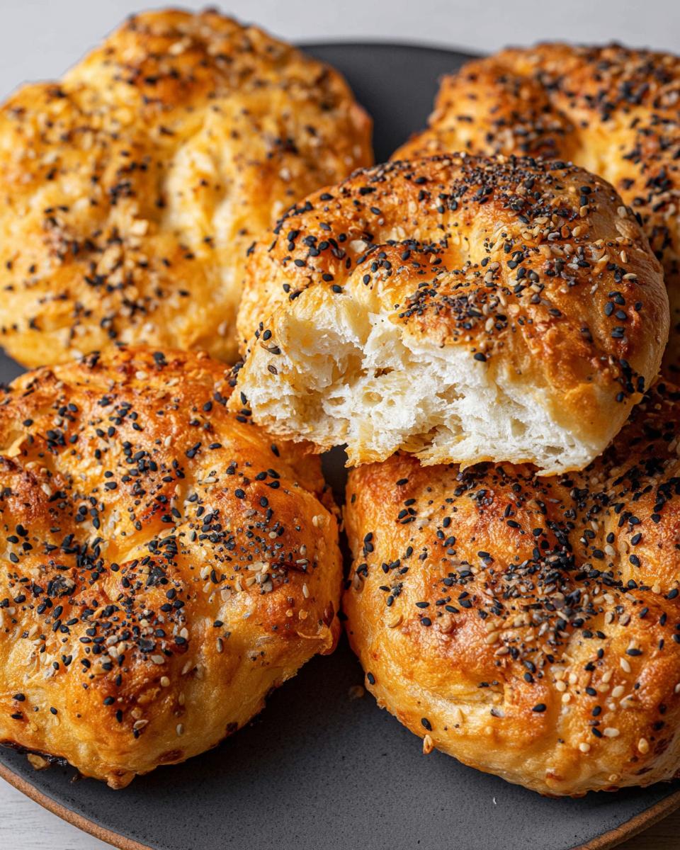 A close-up of golden brown cottage cheese flagels topped with everything seasoning, one is broken open to show the fluffy interior.