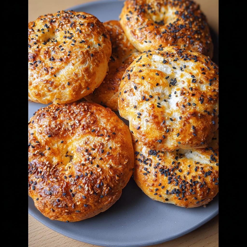 A close-up of golden-brown cottage cheese flagels topped with sesame and black nigella seeds, ready to be enjoyed.