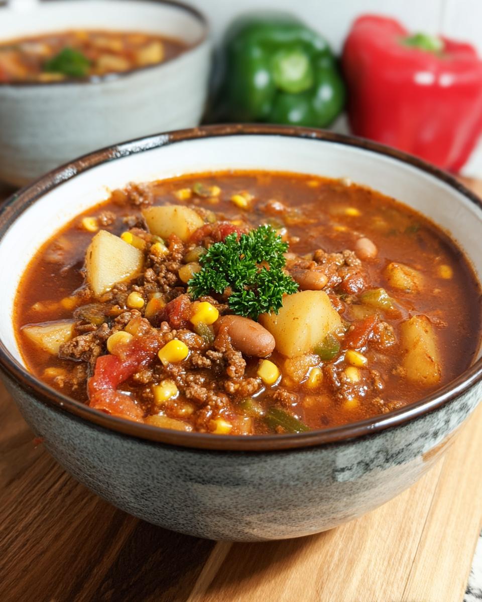 A close-up of a bowl of hearty Cowboy Soup, filled with ground beef, potatoes, corn, beans, and tomatoes, garnished with parsley.