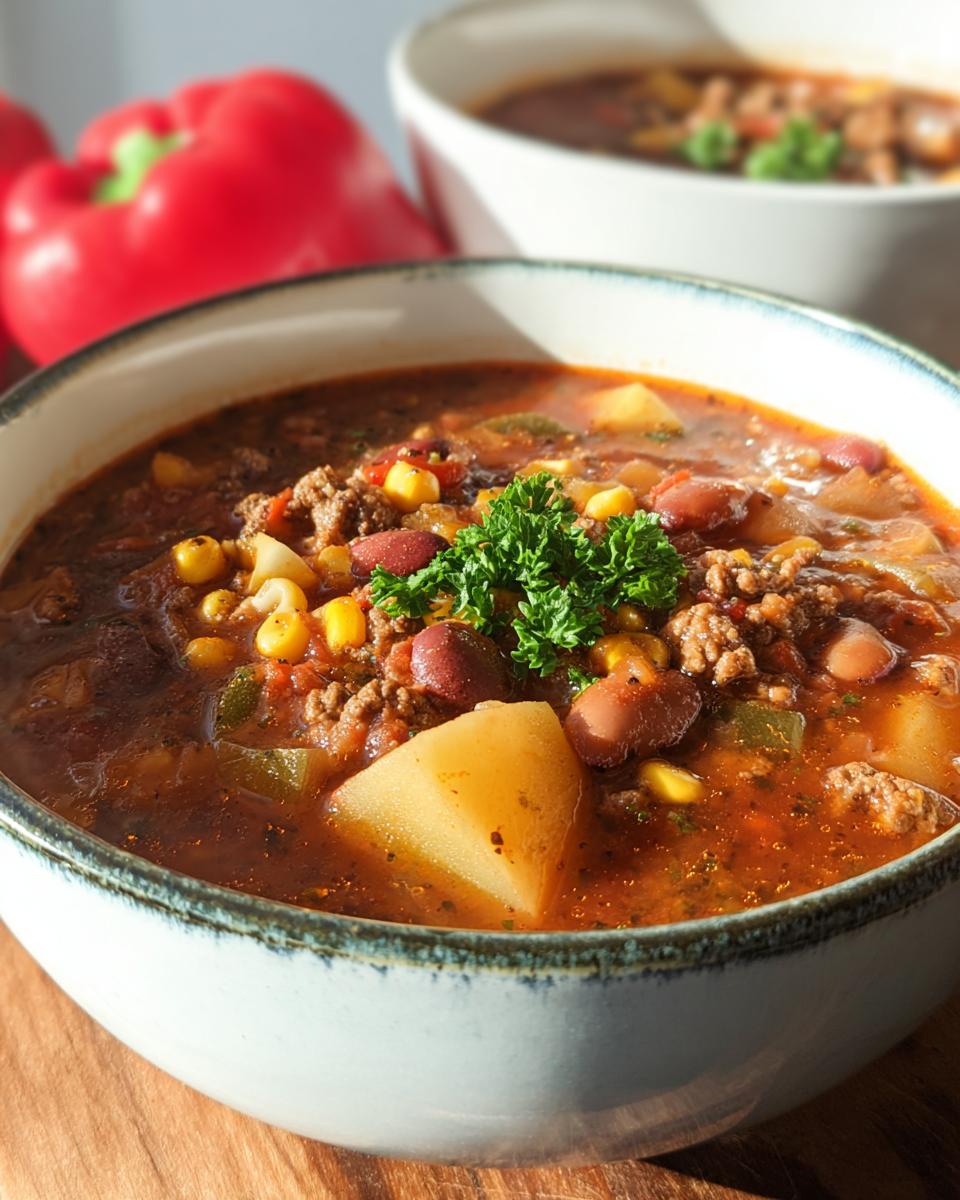 A close-up of a bowl of hearty Cowboy Soup, filled with ground beef, beans, corn, potatoes, and garnished with parsley.