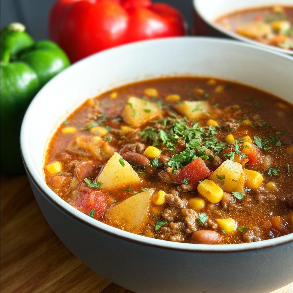 A close-up of a bowl of hearty Cowboy Soup, filled with ground beef, potatoes, corn, beans, and tomatoes, garnished with parsley.