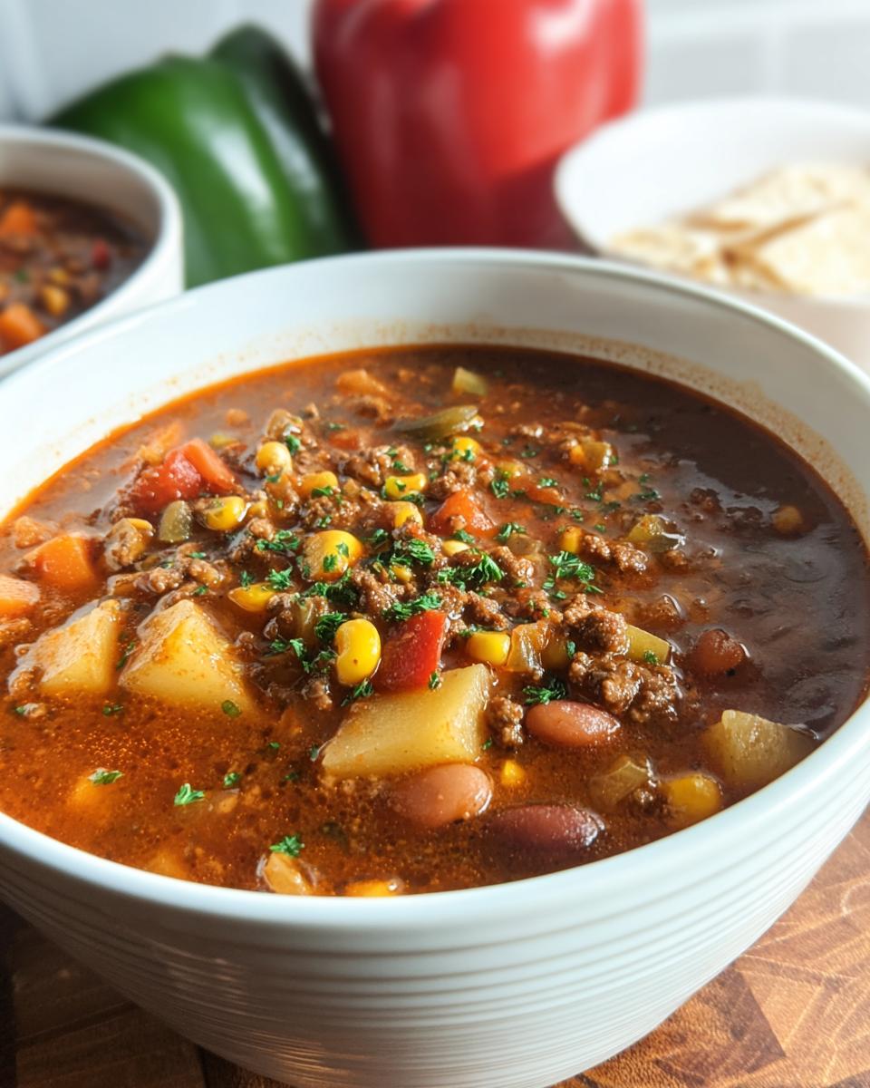 A close-up of a bowl of hearty Cowboy Soup, filled with ground beef, potatoes, corn, beans, and garnished with parsley.