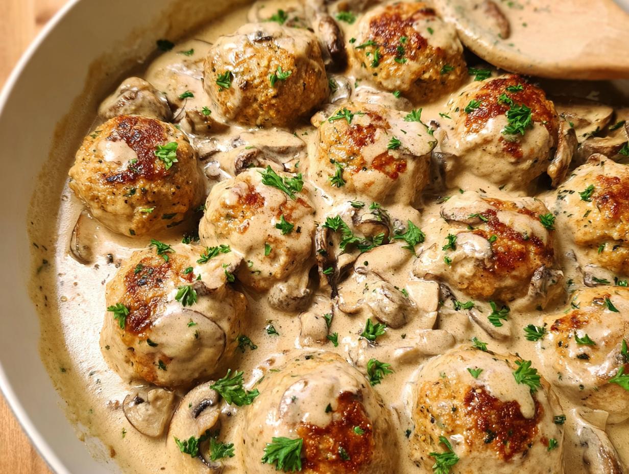 Close-up of golden-brown Creamy Mushroom Chicken Meatballs swimming in a rich, creamy mushroom sauce, garnished with parsley.
