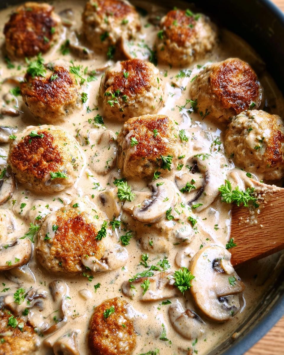 Close-up of delicious creamy mushroom chicken meatballs simmering in a rich sauce, garnished with fresh parsley.