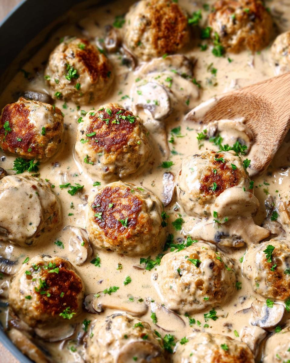 Close-up of delicious Creamy Mushroom Chicken Meatballs simmering in a rich, creamy mushroom sauce, garnished with parsley.