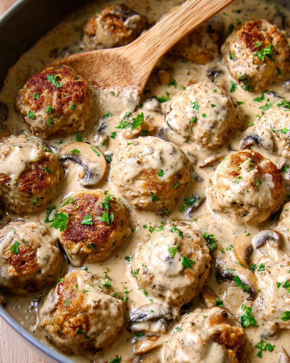 Close-up of delicious Creamy Mushroom Chicken Meatballs simmering in a rich, creamy sauce with sliced mushrooms and parsley.