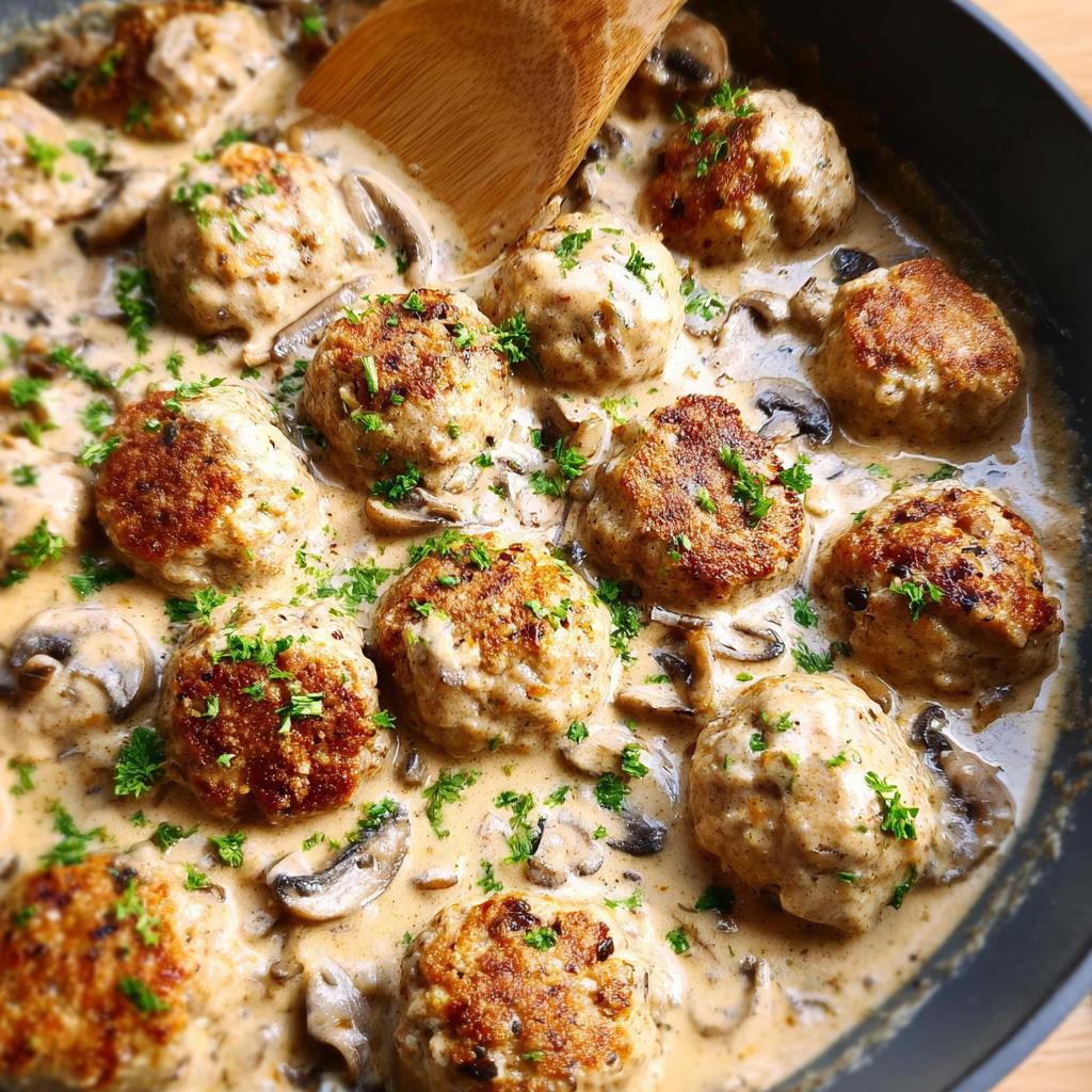 Close-up of delicious Creamy Mushroom Chicken Meatballs simmering in a rich, creamy sauce with sliced mushrooms and parsley.