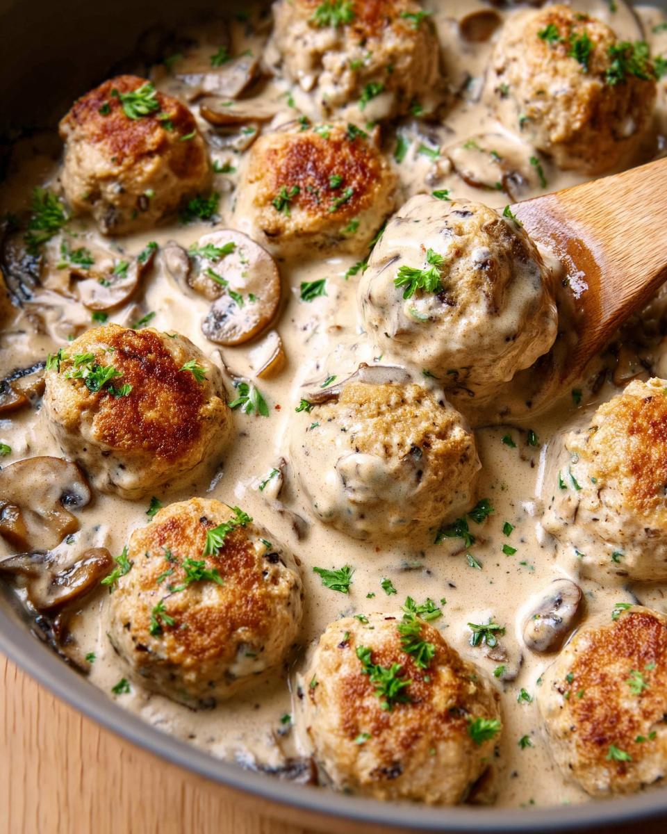 Close-up of golden-brown Creamy Mushroom Chicken Meatballs simmering in a rich mushroom sauce, garnished with parsley.