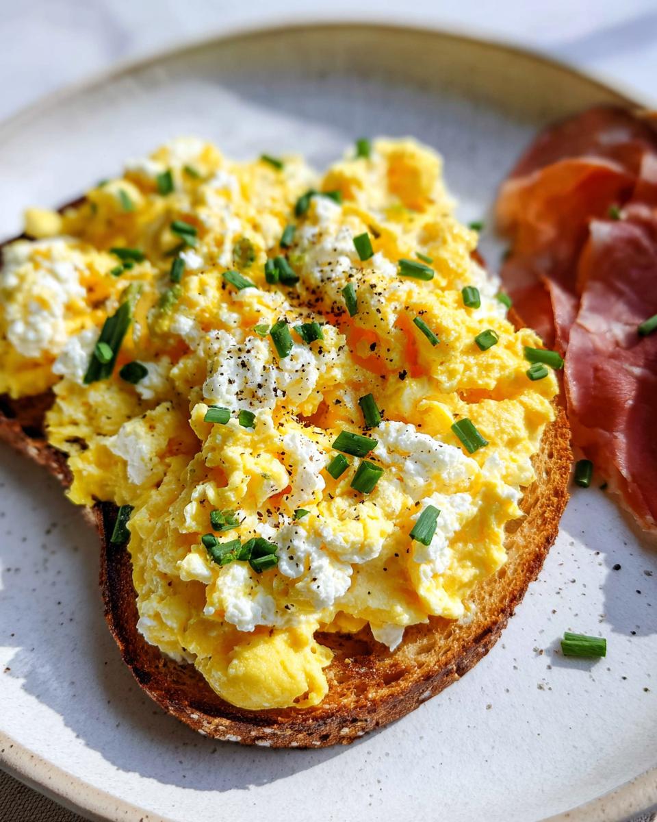 Close-up of Creamy Ricotta Egg Toast topped with fluffy scrambled eggs and fresh chives, served with sliced meat.