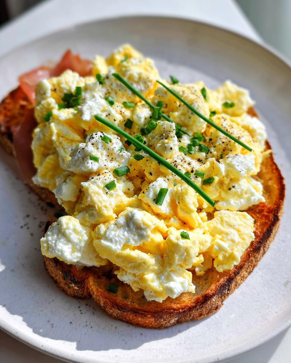 A slice of toast topped with creamy ricotta, fluffy scrambled eggs, ham, and fresh chives. A perfect Creamy Ricotta Egg Toast.