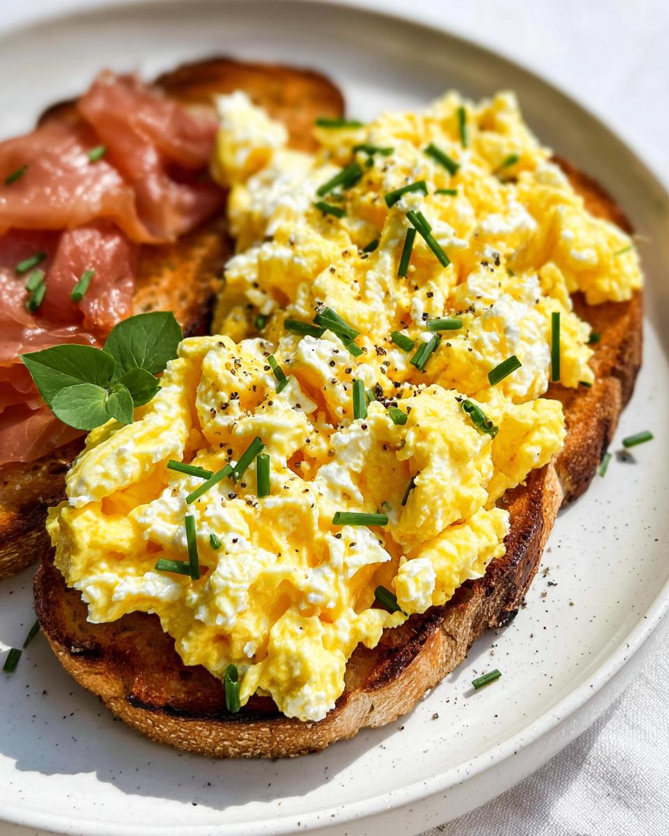 Close-up of Creamy Ricotta Egg Toast topped with fluffy scrambled eggs, chives, and black pepper, served with smoked salmon on the side.