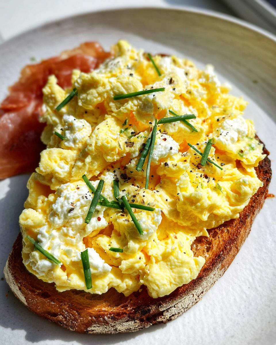 Close-up of Creamy Ricotta Egg Toast topped with fluffy scrambled eggs and chives.