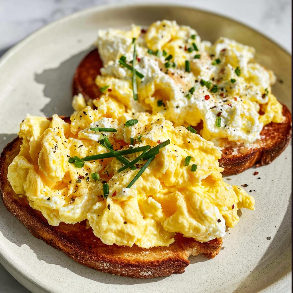 Two slices of toast topped with creamy ricotta and fluffy scrambled eggs, garnished with chives and pepper. A delicious Creamy Ricotta Egg Toast.